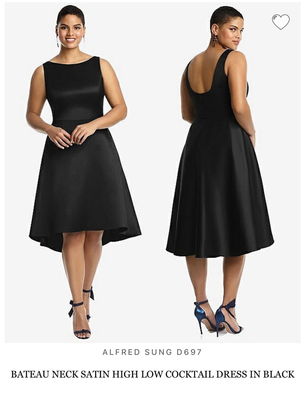 ALFRED SUNG Black Satin Bateau Neck High-Low Cocktail Dress